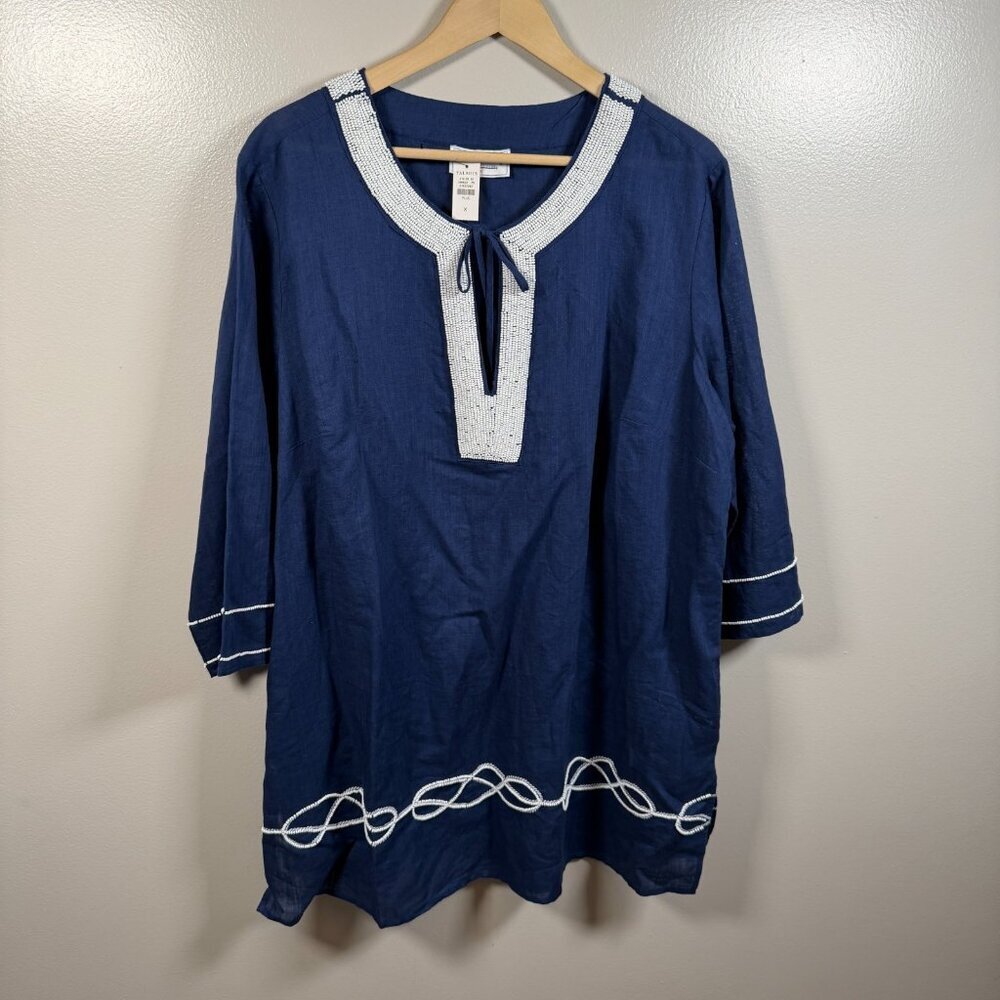 Talbots Aqua Club Beaded Linen Blend Tunic Top Size X Blue Caftan Cover Up